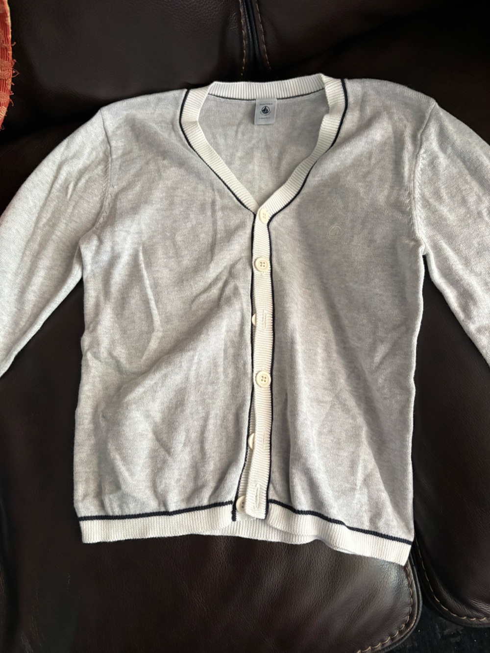 Petit Bateau Light Gray Cardigan with Navy Trim